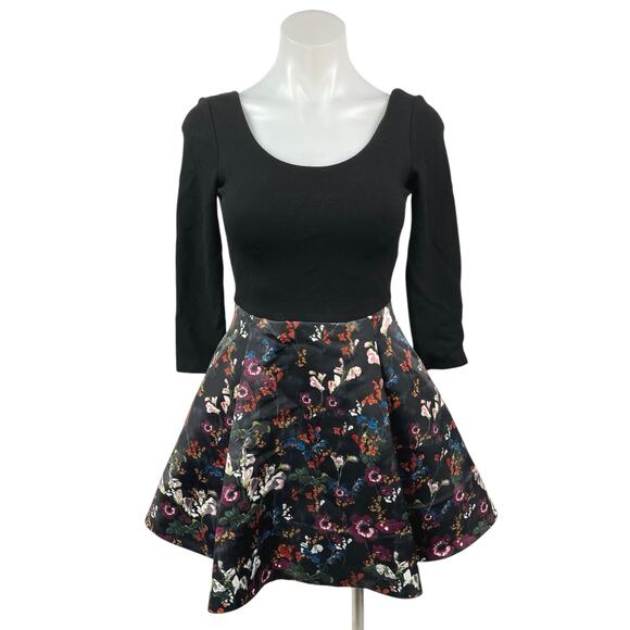 Alice + Olivia Black Floral Multi 3/4 Sleeve Scoop Neck A Line Mini Dress Size 0 - Picture 1 of 5